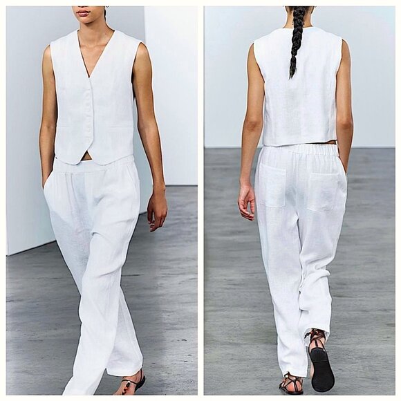 New Zara Women Collection 100% Linen Vest in Oyster White - Picture 2 of 9
